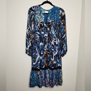 Anthropologie TRYB Silk Flowy Patterned Long Sleeve Dress Women's Size Small